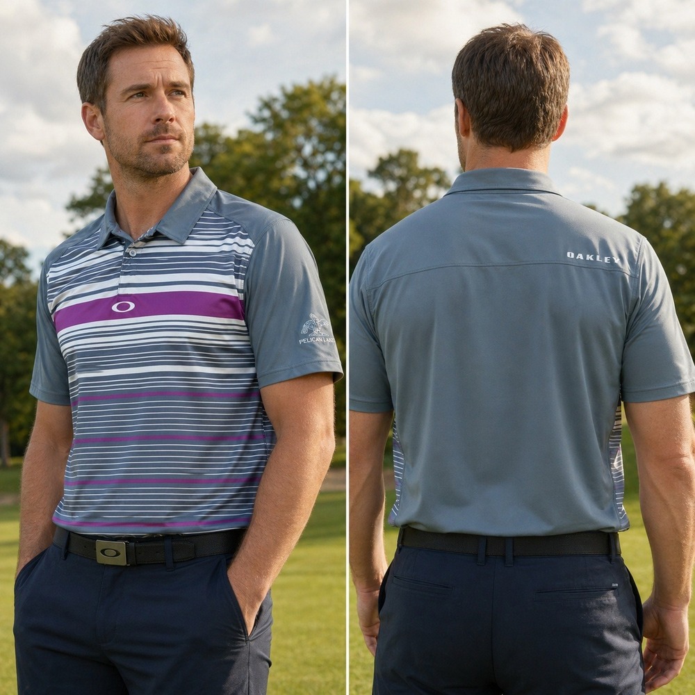 Oakley Mens OHydrolix Golf Polo Shirt Large Grey Purple Striped Pelican Lakes
